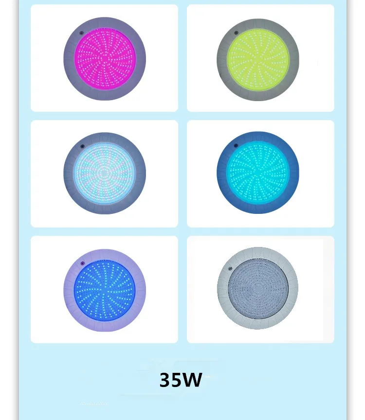 18W 25W 35W 42W 55W 7color  changing auto Resin Filled Flat LED Swimming Pool PC Underwater Light with 2year