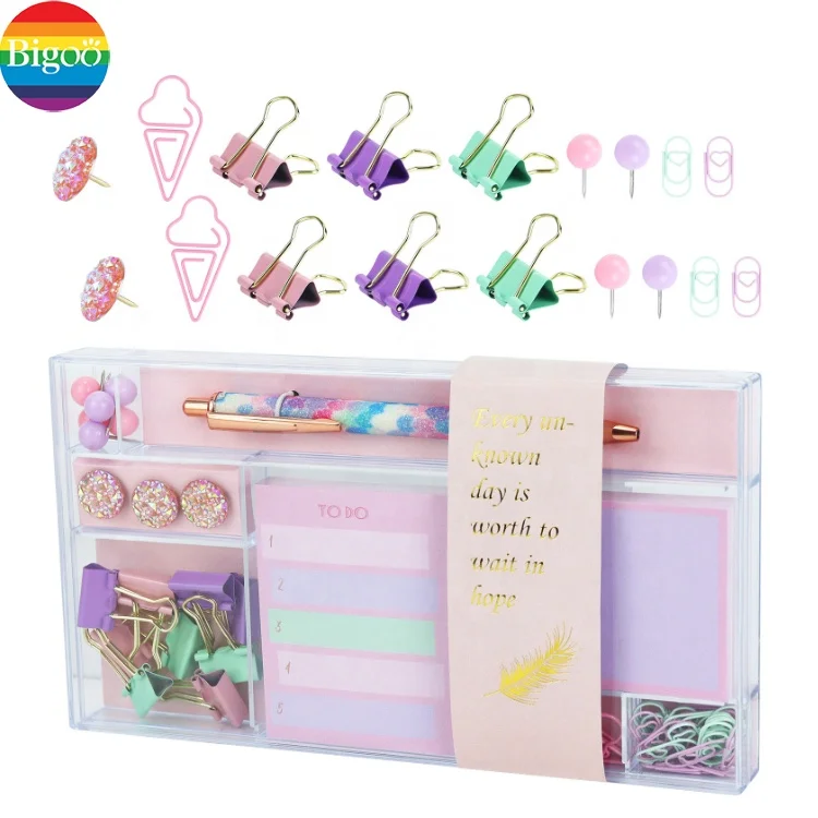 Fancy customized stationery set with notepads binder clips in gift box for school office supplies