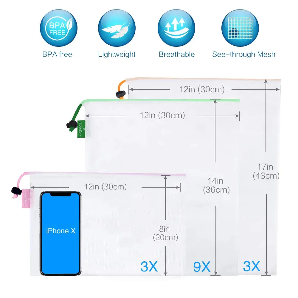 3 sizes 15 pcs one set  reusable eco-friendly see through fruit vegetable mesh grocery bags for supermarket