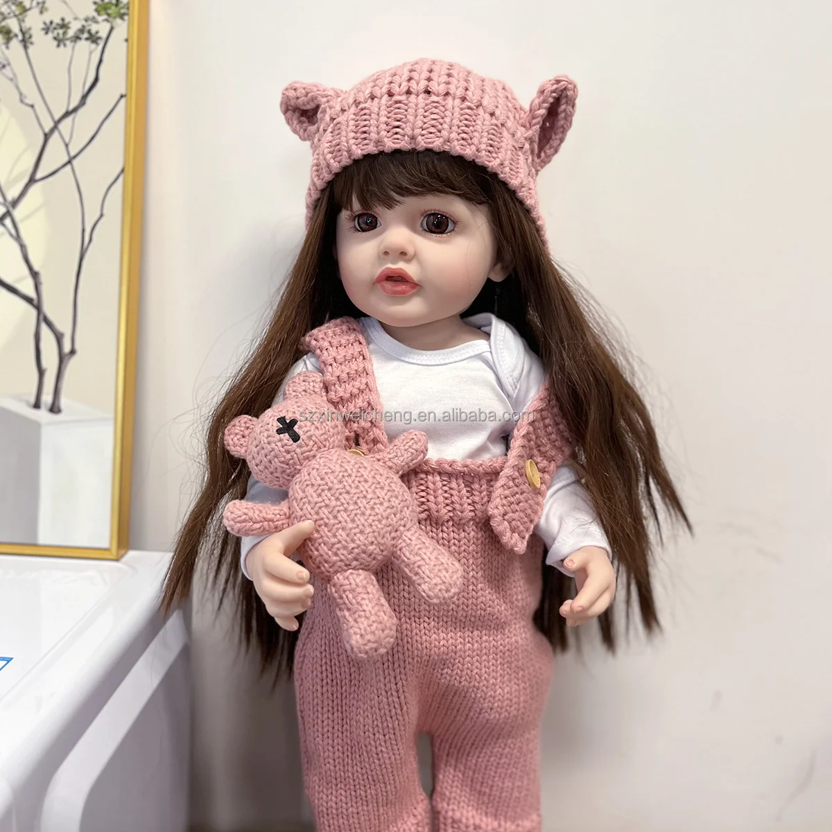 Cheap Realistic Full Silicone Body 55 CM 22 Inch Brown Long Hair Lifelike Reborn Baby Girl Doll Toy Princess Toddler Bebe