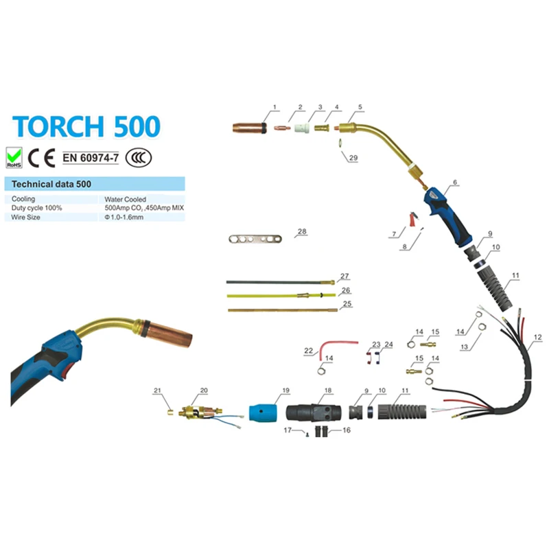 Сварочный фонарь RHK OEM 3 м 4 5 сертифицированный CE MB501 сварочный пистолет с водяным охлаждением для сварочного