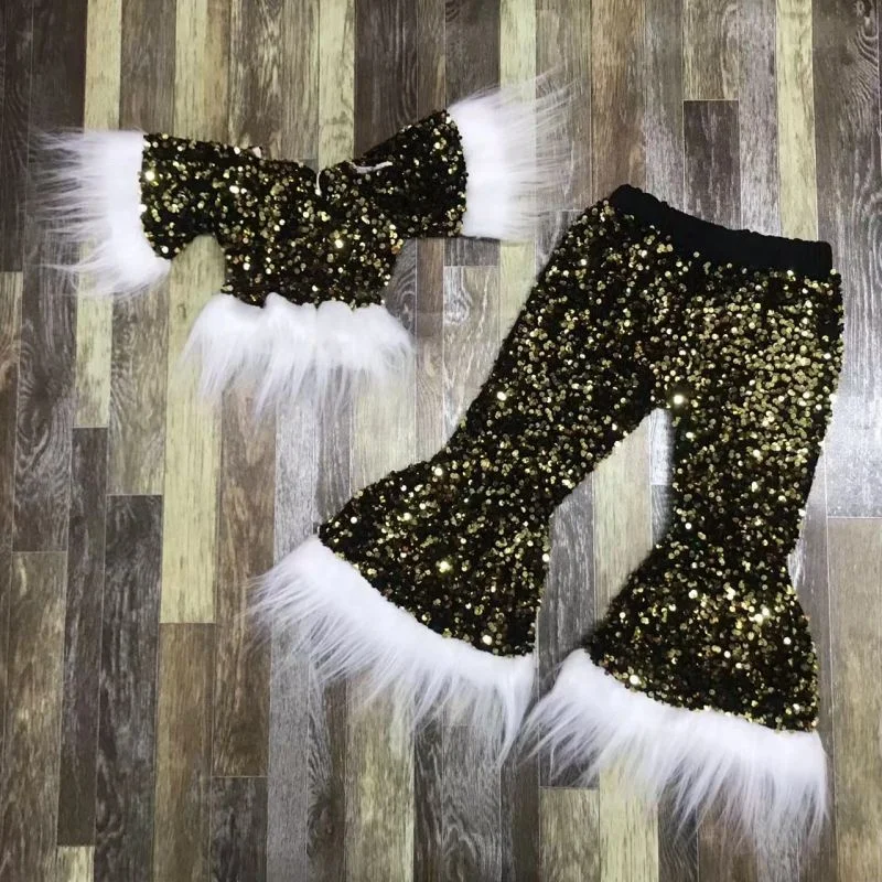 Autumn New Products Festival Designed Sequin Fabric Bell Bottom Winter Girls Clothing Kids