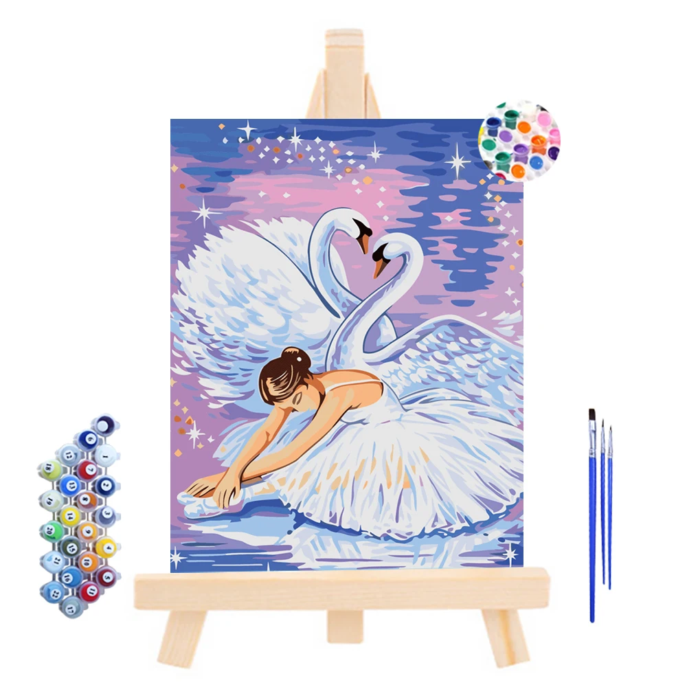 Customized Packing Couple Swan Ballet Dancing Girl Oil Painting for Beginners and Adult Framed Digital Oil Painting
