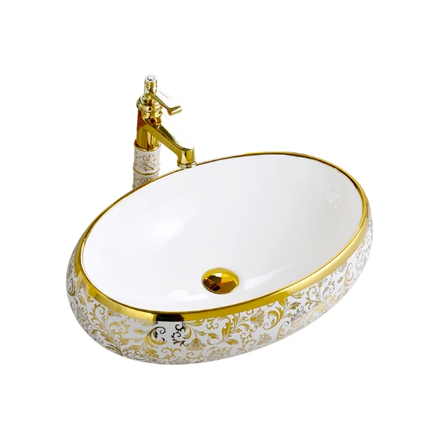 Luxury Golden Vanity Table Top Wash Basin Ceramic Art Oval Lavabo Electroplated Bathroom Vessel Sink