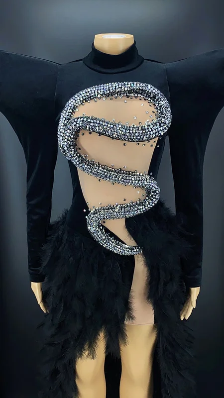 Black Feather  Dress Tail Diamond Snake Cutout Dresses For Women Goth Clothing Red Carpet