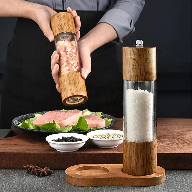 professional wood and food grade acrylic salt and pepper mills sets with Visible Window High-Capacity and Adjustable Coarseness