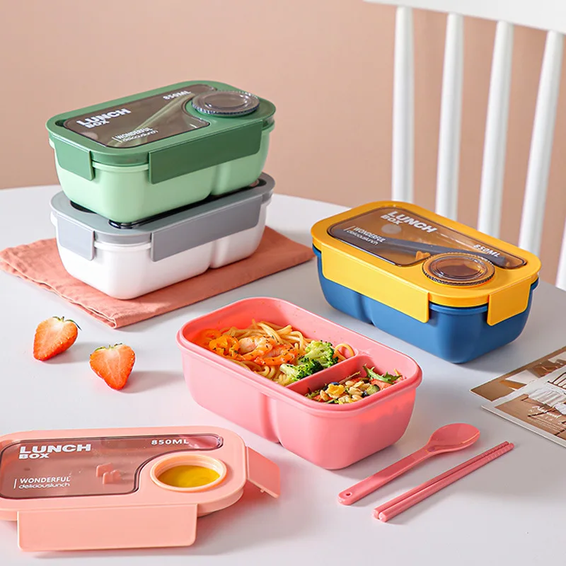 2024 New 2 Compartment Divided Portable School Office Plastic pp Bento Lunch Box for Children.with Lids for Sauce