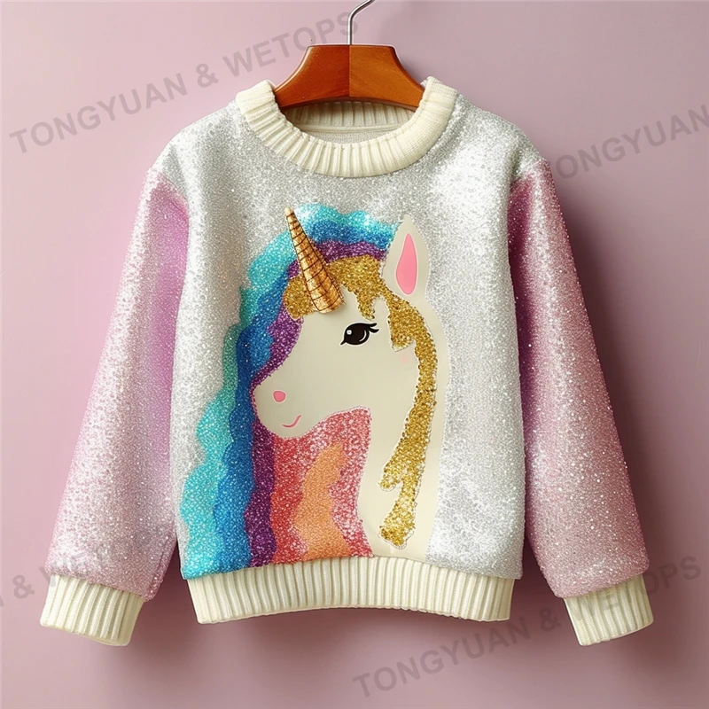 Cute Colorful Cartoon Unicorn Sequin Pullover Sweater For Girls Children