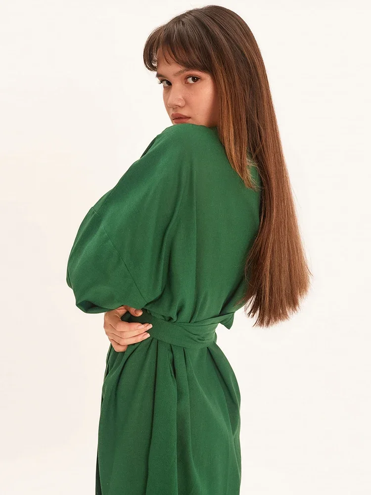 Hiloc Green Cotton Light Robes For Coverage Mid-Calf Night Dress Women Robe With Sashes Long Sleeve Bathrobe Female Albornoces