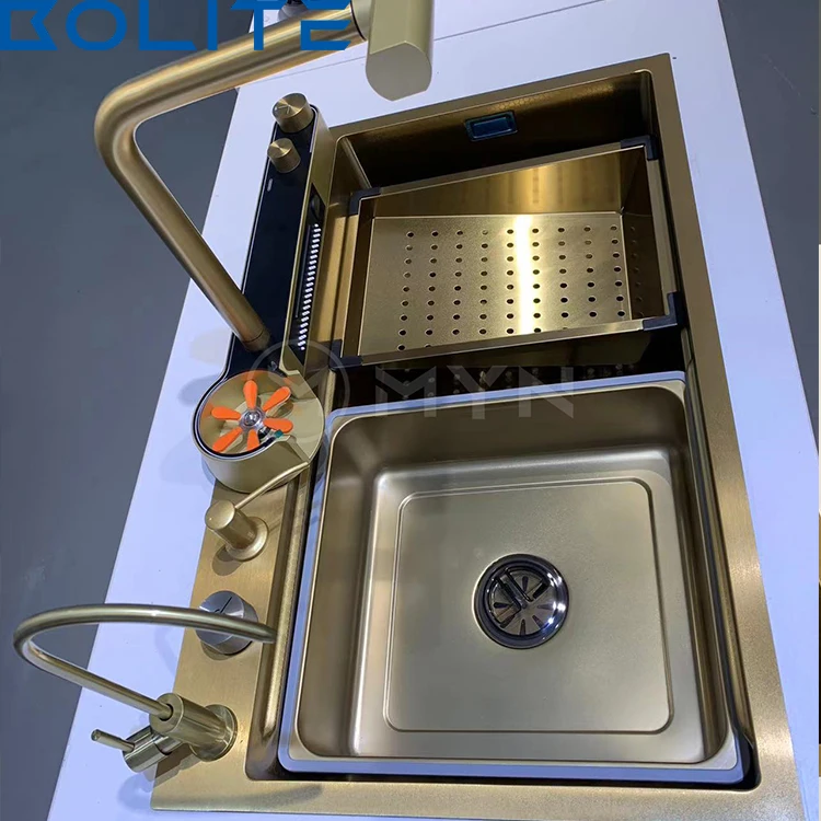 Waterfall Style Kitchen Sink Gold 304 Stainless Steel Modern Multifunctional Large Kitchen Sink