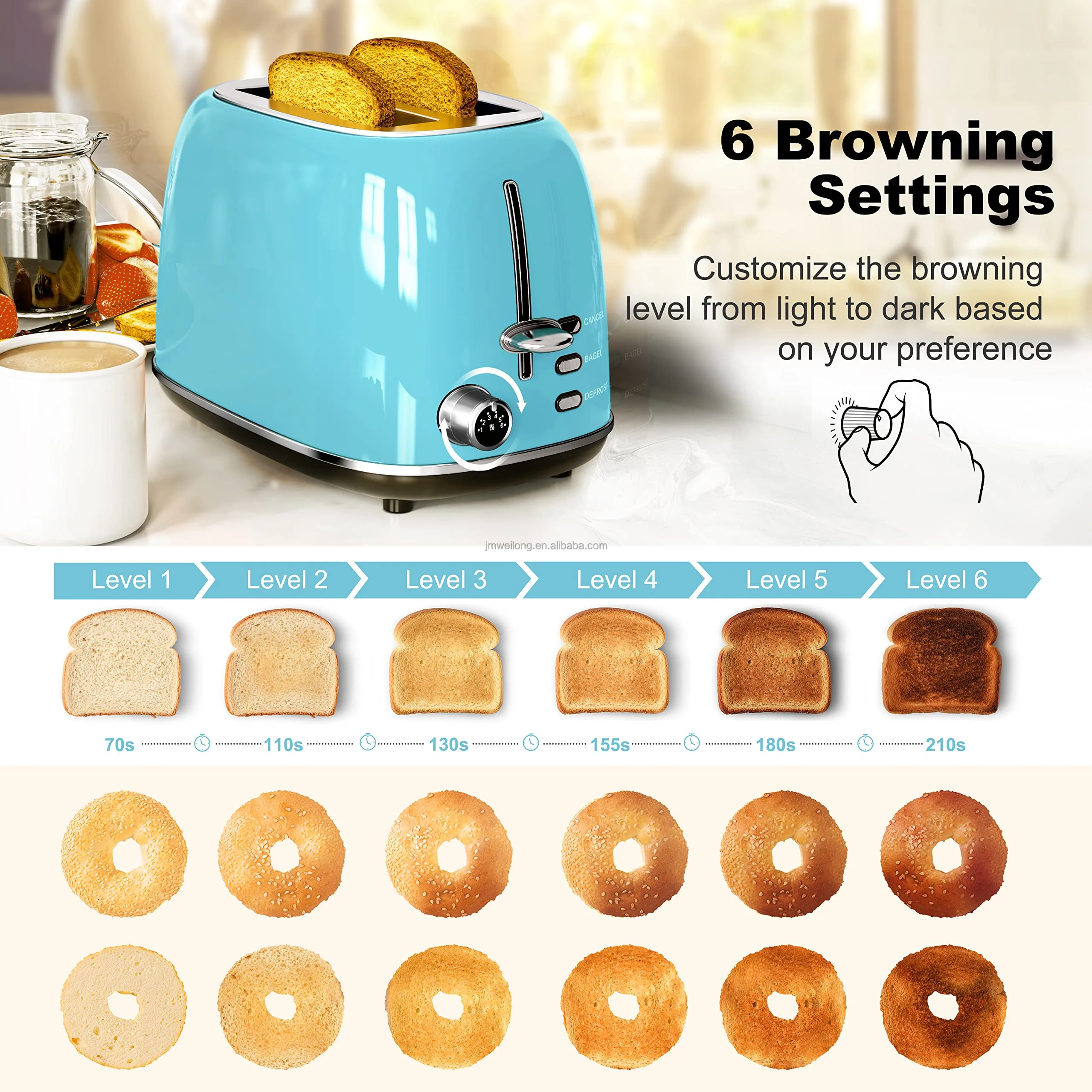 Электрический тостер для хлеба из нержавеющей стали, пищевой уникальный дизайн, 2 ломтика, 6 насадок для хлеба