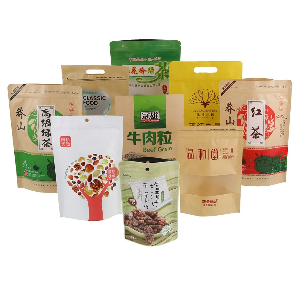 Factory customized reusable white kraft paper bag sealed zipper handle tea and coffee packaging bag stand up pouch recycled