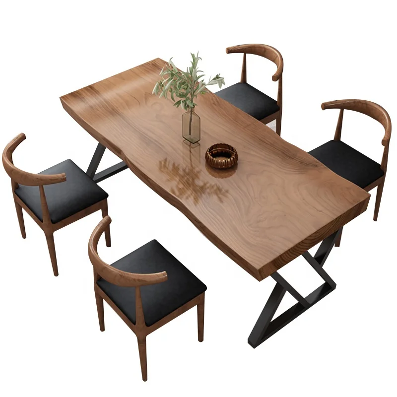 Log dining table and chair simple solid wood big board table dining table and chair combination in Home Restaurant