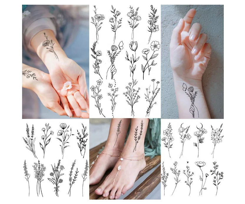 15 Sheets Tiny Branch Black Flower Temporary Tattoos For Women Girl Floral Bouquet Small Tattoo Temporary