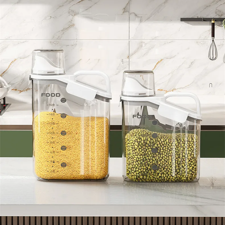 Transparent Cereal Tank with Measuring Cup Grain Container Household Food Storage Bin Flour Container