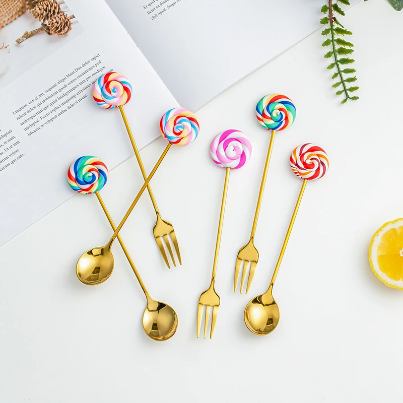 Stainless Steel Fruit Cake Fork Coffee Tea Stirring Spoon Cute Lollipop Candy Spoon