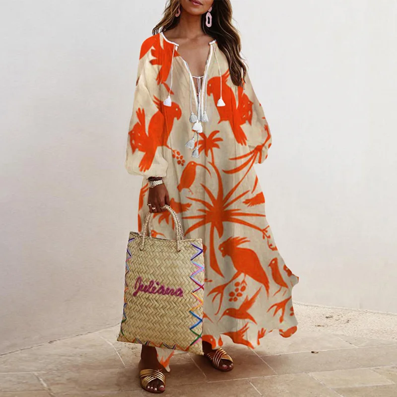 
2021 New High Quality Long Sleeve V Neck Floral Print Fashion Dress for Women 