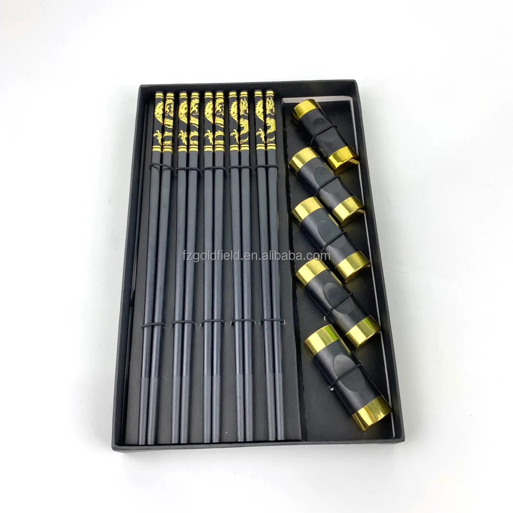 Dishwasher safe Wholesale Reusable 5prs  Black PPS Chopsticks   Chinese Dragon Pattern  Set With 5pcs Melamine  holder