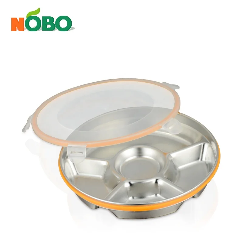 Healthy School Portable Compartment Metal Food Lunch Mess Stainless Steel Kids Dinner Plates with Lids