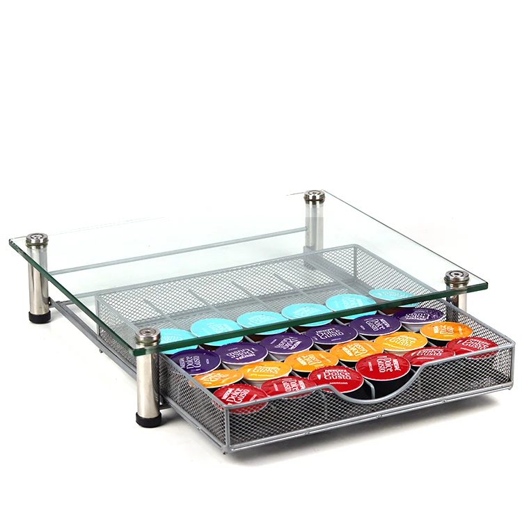 Tempered Glass Dolce Gusto Capsule Holder 36pcs Coffee Capsule Storage Drawer Metal Capsule Drawer