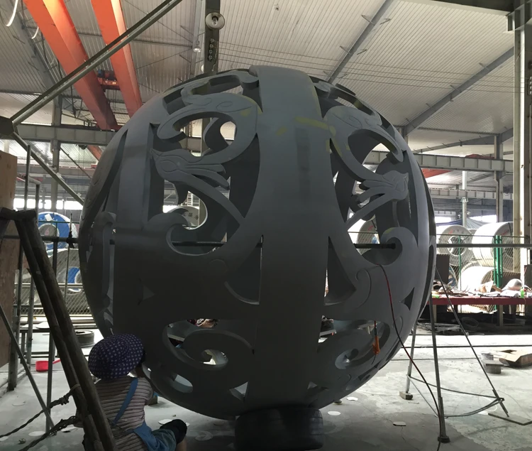 Modern metal art sphere phoenix hollow carving ball statue outdoor landscape display stainless steel garden sculpture