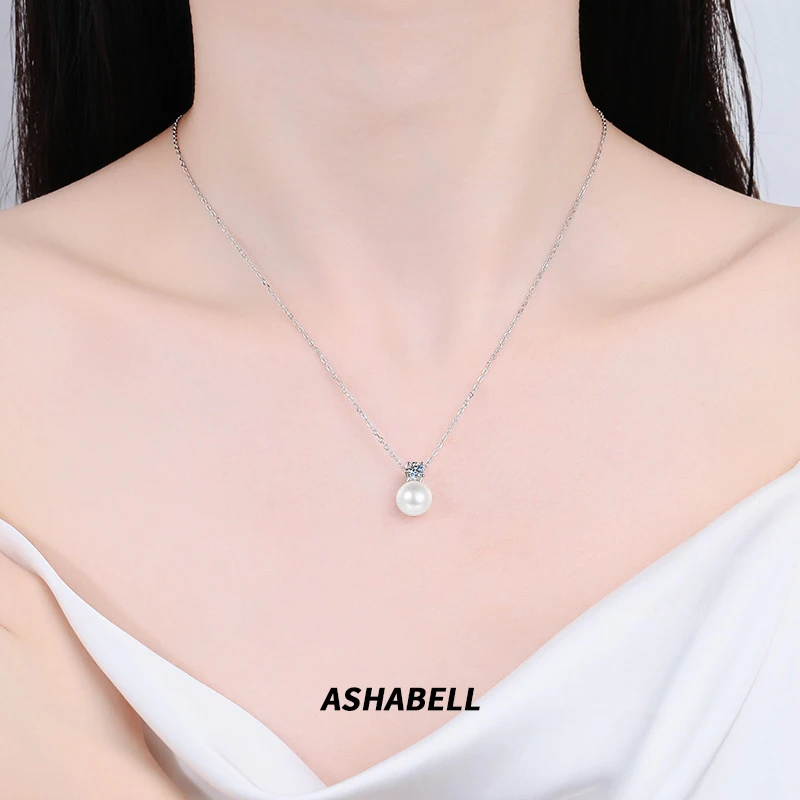 Korean version of simple pearl pendant D colour moissanite s925 sterling silver collarbone chain female