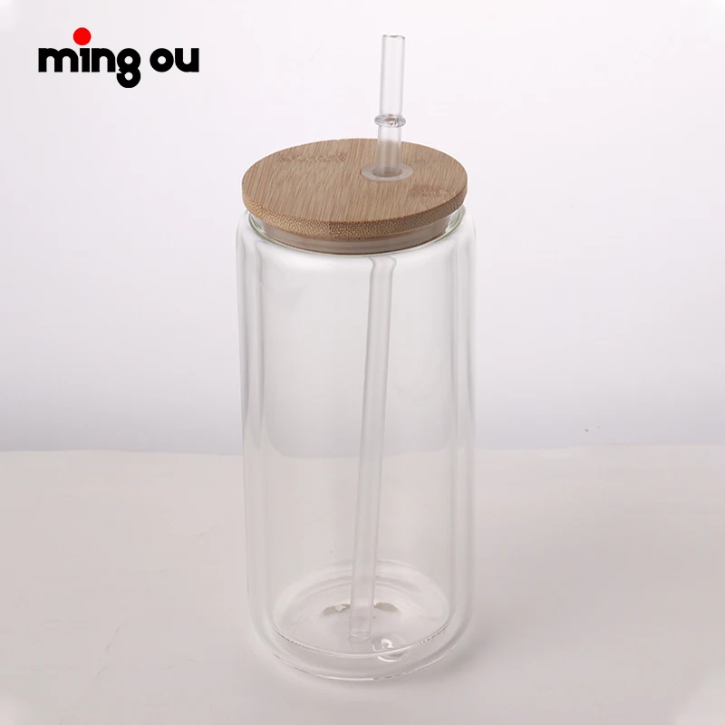 Customized 16oz reusable blank water cup glass beer can with bamboo lid and straw