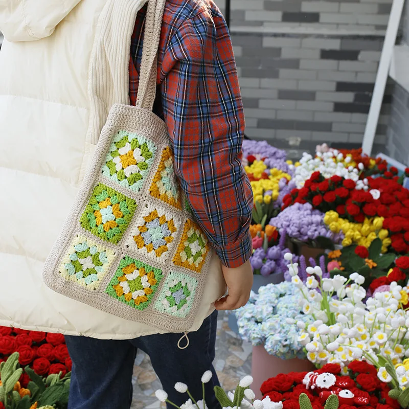 New Arrival Designer Handmade Retro Knitted Bag Granny Square Purse Bohemian Crochet Tote Bag