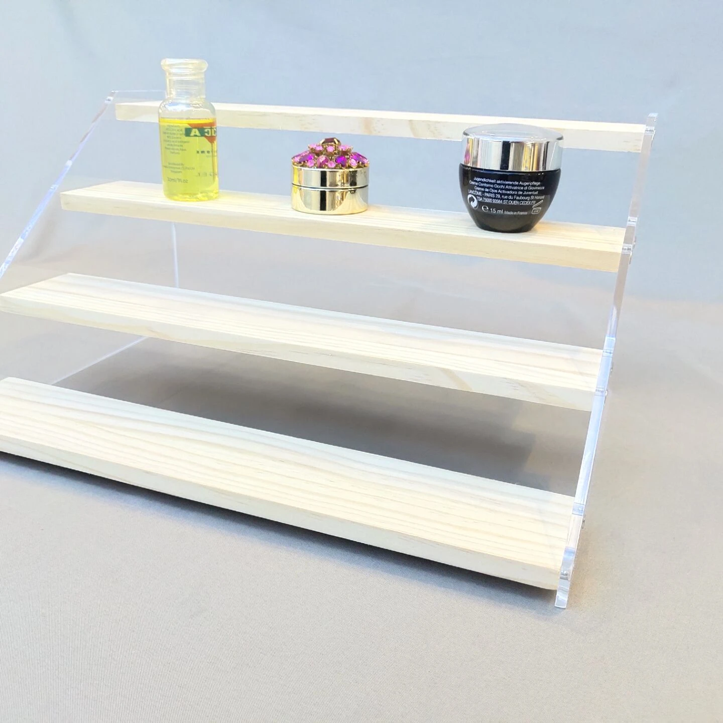 
Wholesale Custom 4-Step Clear Display Riser Wood Shelf for Displaying Pop Figures 