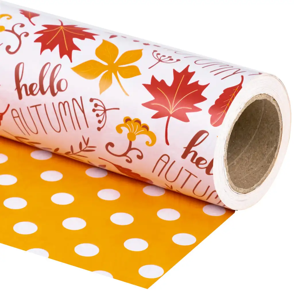 Maple Leaf and Orange Polka Dots Autumn Design Halloween Selection Design Printed Kraft Paper Roll For Flower And Gift Packing