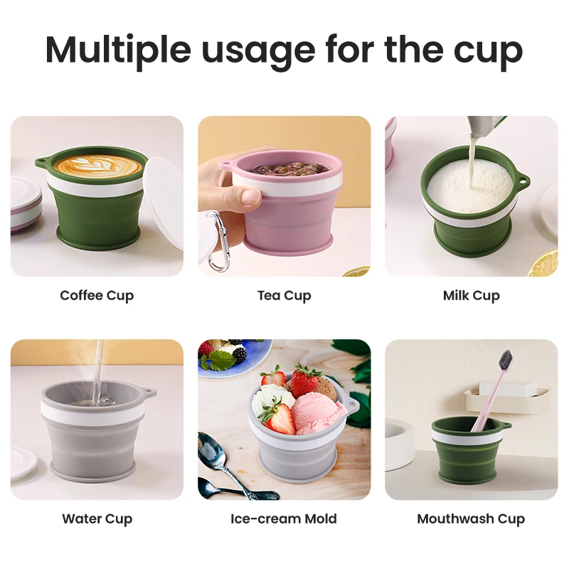 Pocket Size 170ml 6oz Reusable Folding Silicone Coffee Cup Portable Travel Mug Cup Collapsible Drinking Cup With Lid & Carabiner