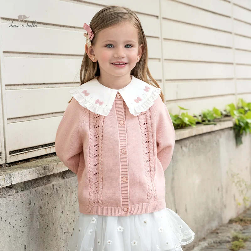 DB3241579 DAVE BELLA Children Girls Sweater 2024 Autumn New Fashion Style Girls Sweet Cute Cardigan Knitted Sweater