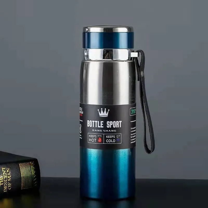 Custom  big capacity double wall vacuum thermos cup stainless steel insulated travel sport water bottles with strap
