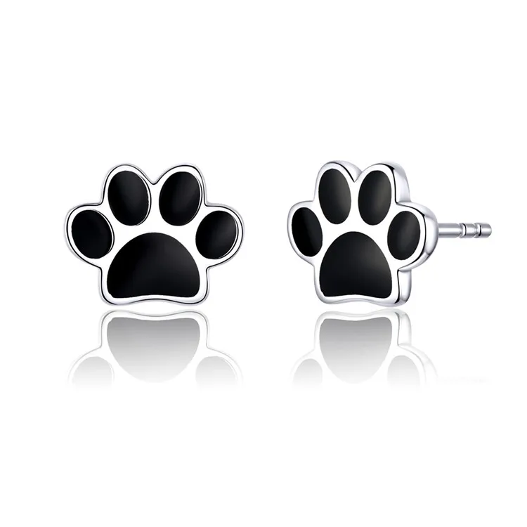 
Cute Black Enamel Dog Paw 925 Sterling Silver Stud Earrings for Girls 