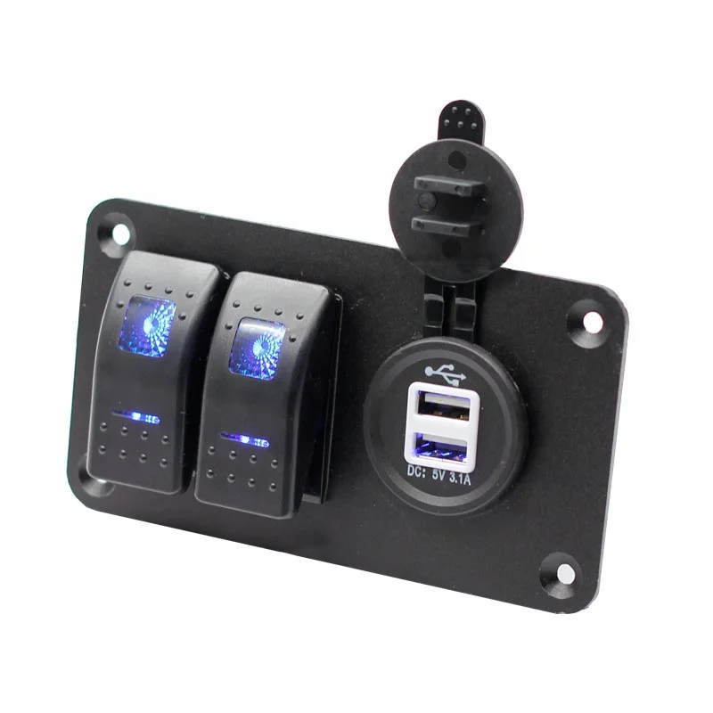2-Gang LED Rocker Switch Panel Circuit Breaker Dual USB Charger Car Marine Boat