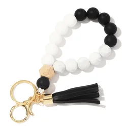 2023 Wholesale New Food Grade Silicone Beads Keychain Bracelet Wooden Bead Key Ring Wristlet With PU Tassel