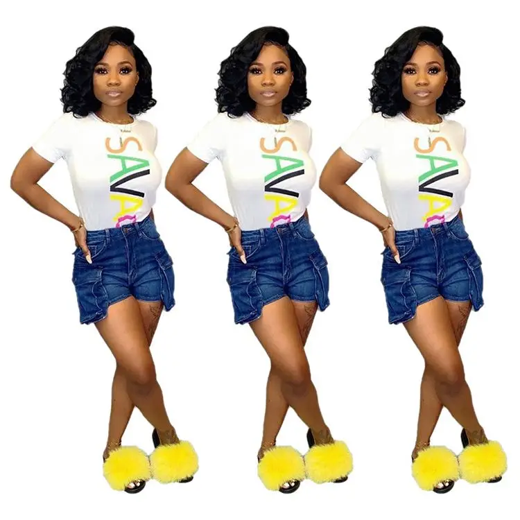 
0819M359 Casual Summer Hot Selling Round Neckline Letter Digital Printed Ladies Tshirt Trendy Design Women Solid Fashion T Shirt 