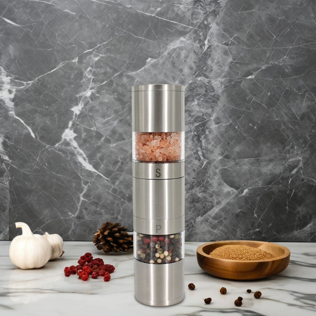 2-in-1 Dual Manual Salt and Pepper Mill Double-Ended Design with Metal Ceramic Plastic Materials Boxed Home Use Handle Style