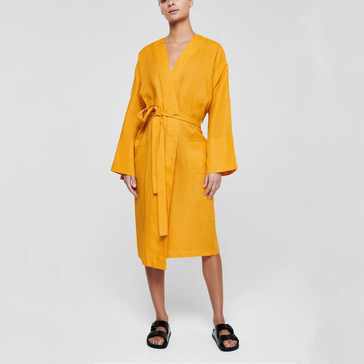 OEM Custom Luxury Linen Cotton Kimono Bathrobe Long Sleeve Long Robe Pajamas with Different Color Sash