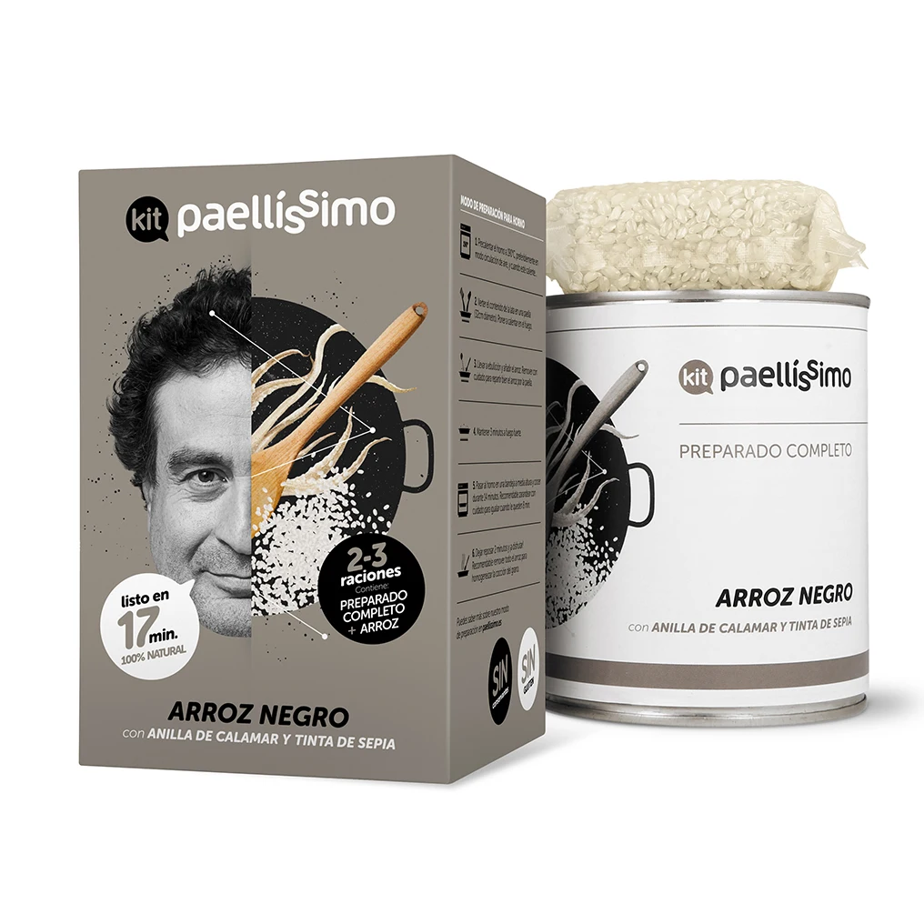 Spain Paella Rice. Prepared semi-finished. Healthy ready to eat meal canned. Seafood paella black rice. Heating instant food