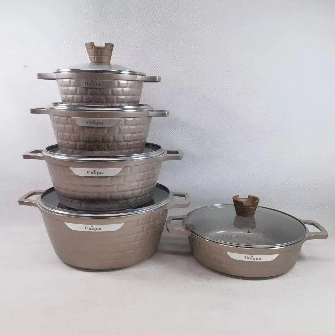 Household Kitchen Supplies Marble Deep Pot Non-Stick Coating Aluminium Casserole With Lids 12 PC Cookware Sets