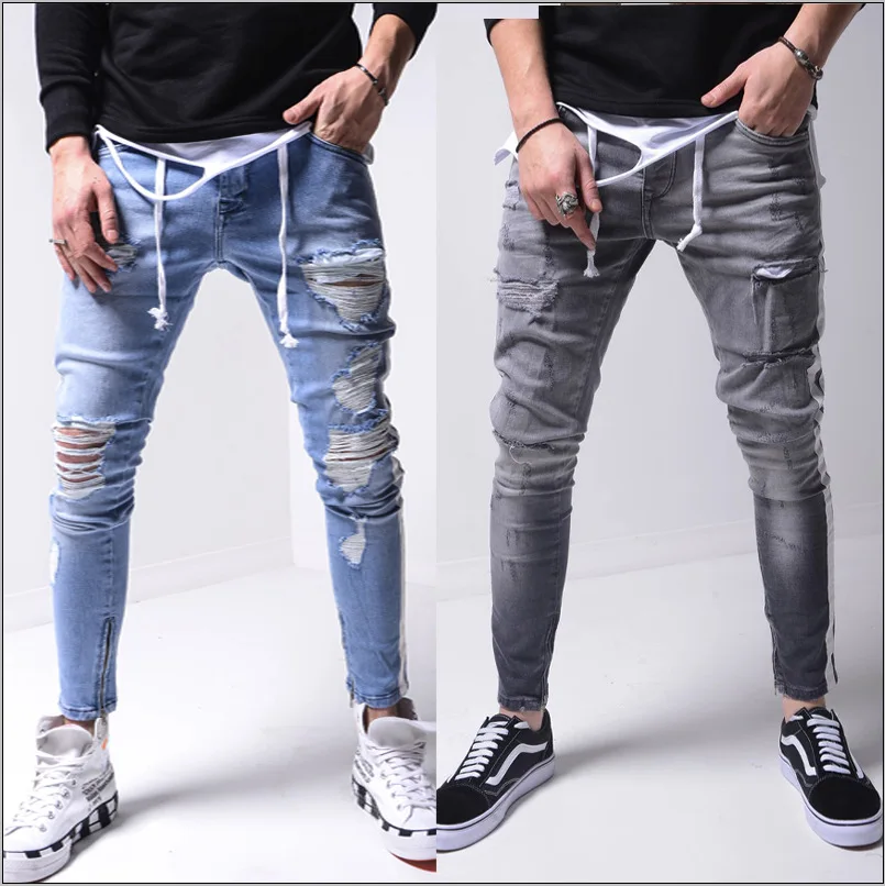 Factory Direct Custom Blue Ripped Denim Jeans Tapered Hole Slim Fit Comfortable Skinny Jeans Distressed Men Jeans