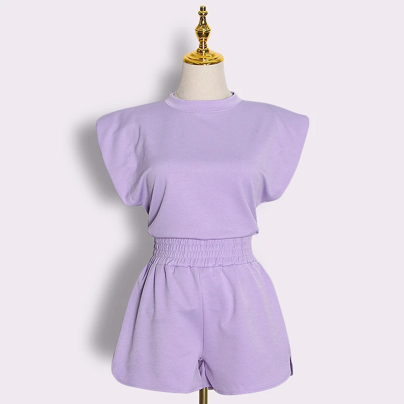 CHICEVER Элегантный женский комплект из двух предметов футболка без рукавов с круглым вырезом топ с высокой талией облегающие шорты Повседневный костюм модная одежда