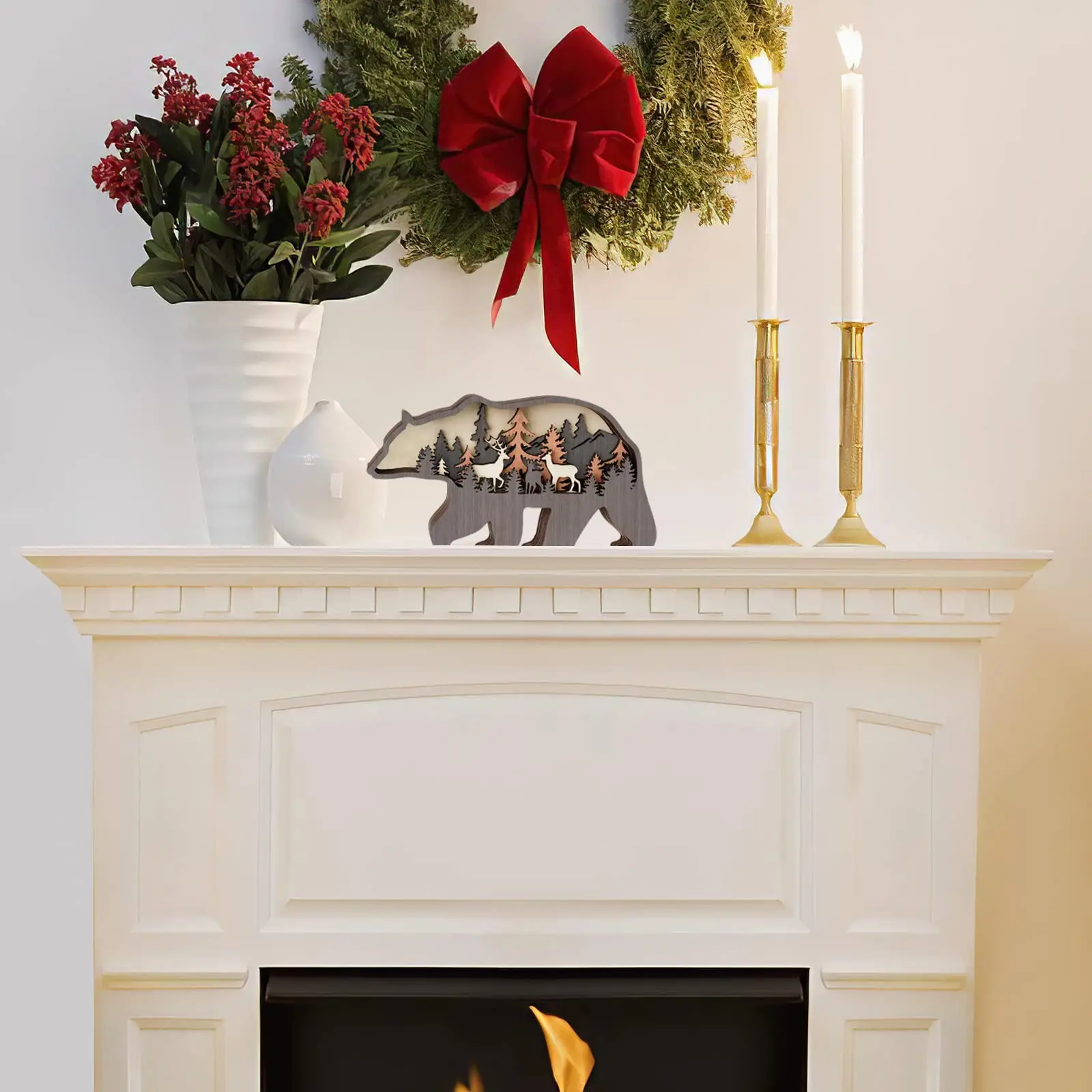 Adornos De Osos de Madera Desk Crafts Hollowed Multilayers Sculpture Rustic Home Decor Office Christmas Animal Ornament