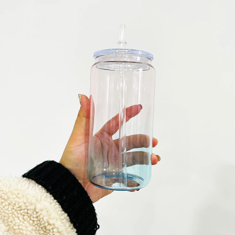 16oz sublimation Can Shaped Drinking Glasses pink blue colored gradient crystal ocean glass can for iced coffee, soda, Pop