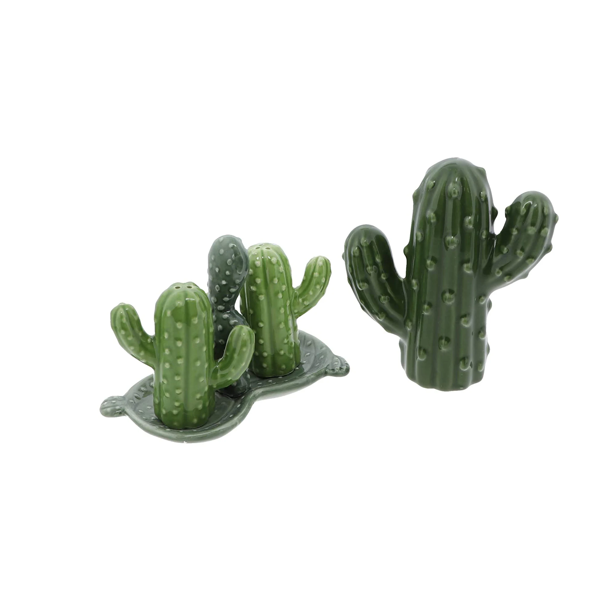 Cactus shaped Figurine and Novelty Ceramic Salt and sugar Pepper Shakers set with Tray