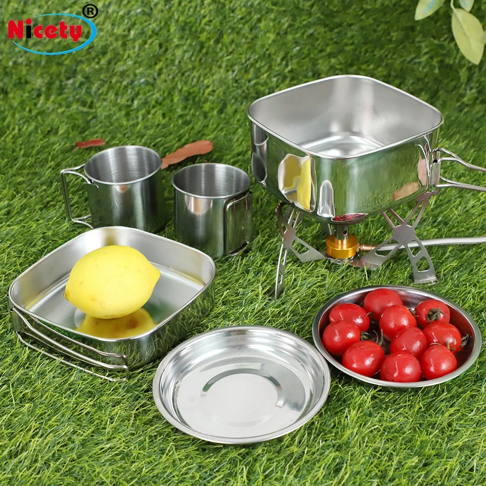 Backpacking Camping Cookware Picnic Cooking Cook Set for Hiking 6 pcs/set, 201 Stainless Steel