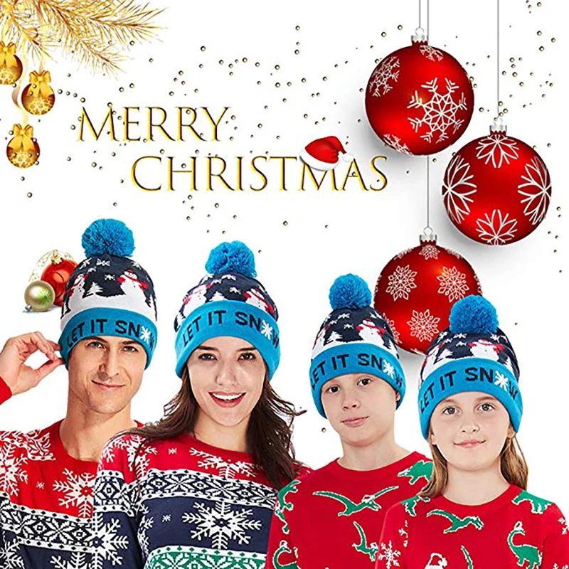  Вязаная Шапка-бини унисекс LET IT SNOW Xmas Element 6 цветов светящаяся Рождественская