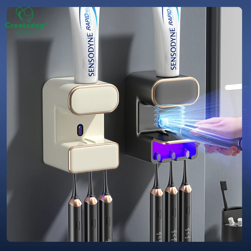 Bathroom Wall Automatic Toothpaste Dispenser with 3 disinfect Toothbrush Slots, Auto Toothpaste Dispenser with Sensor for Family