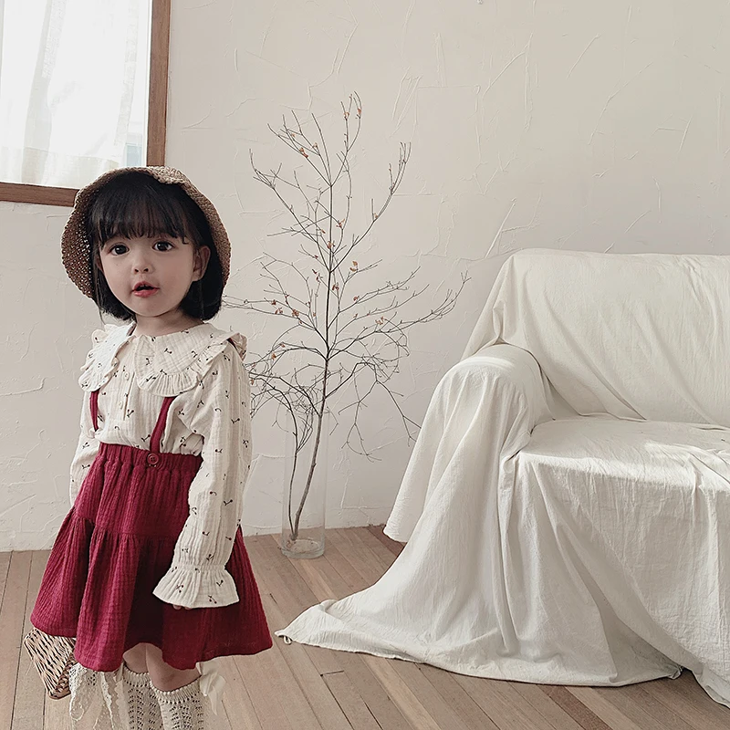 
6533/Beige hot selling spring fashion cherry girls shirt sweet turn down collar shirt 